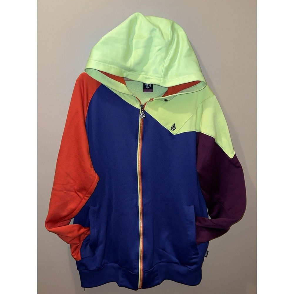Vintage Volcom Hoodie Full Zip Sweatshirt Colorblock Neon Hip Logo 80's Mens L